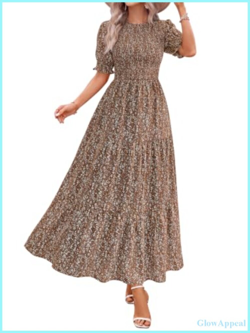 Women's Floral Maxi Dress Smocked Puff Sleeve Boho Casual